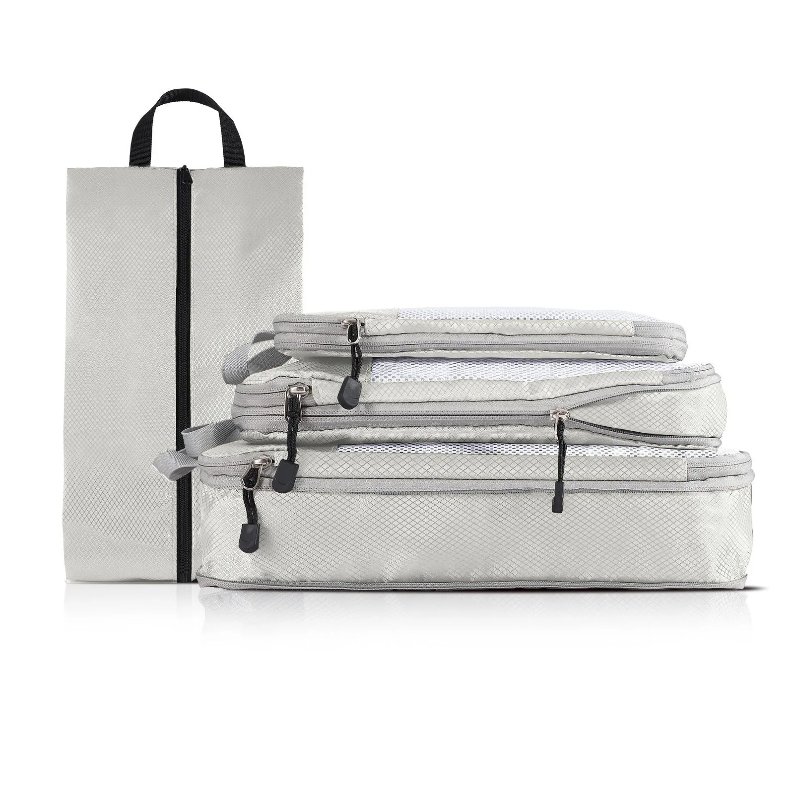 4-piece Set Off White Compression Travel Storage Bags Set, Mesh Travel Organizers for Luggage, Foldable and Space-Saving Packing Cubes