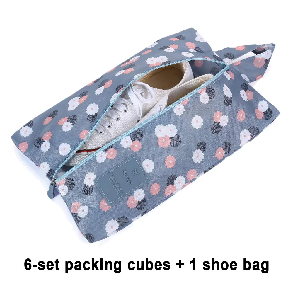 7 SetsPacking Cubes Value Set for Travel Luggage Organiser Bag Compression Pouches Clothes Suitcase (2Blue Flower) Blue Flower2
