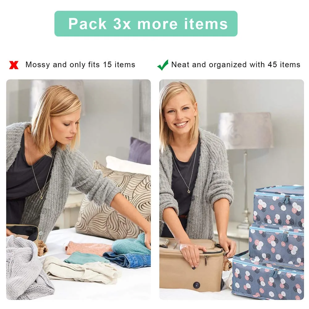 7 SetsPacking Cubes Value Set for Travel Luggage Organiser Bag Compression Pouches Clothes Suitcase (2Blue Flower) Blue Flower2