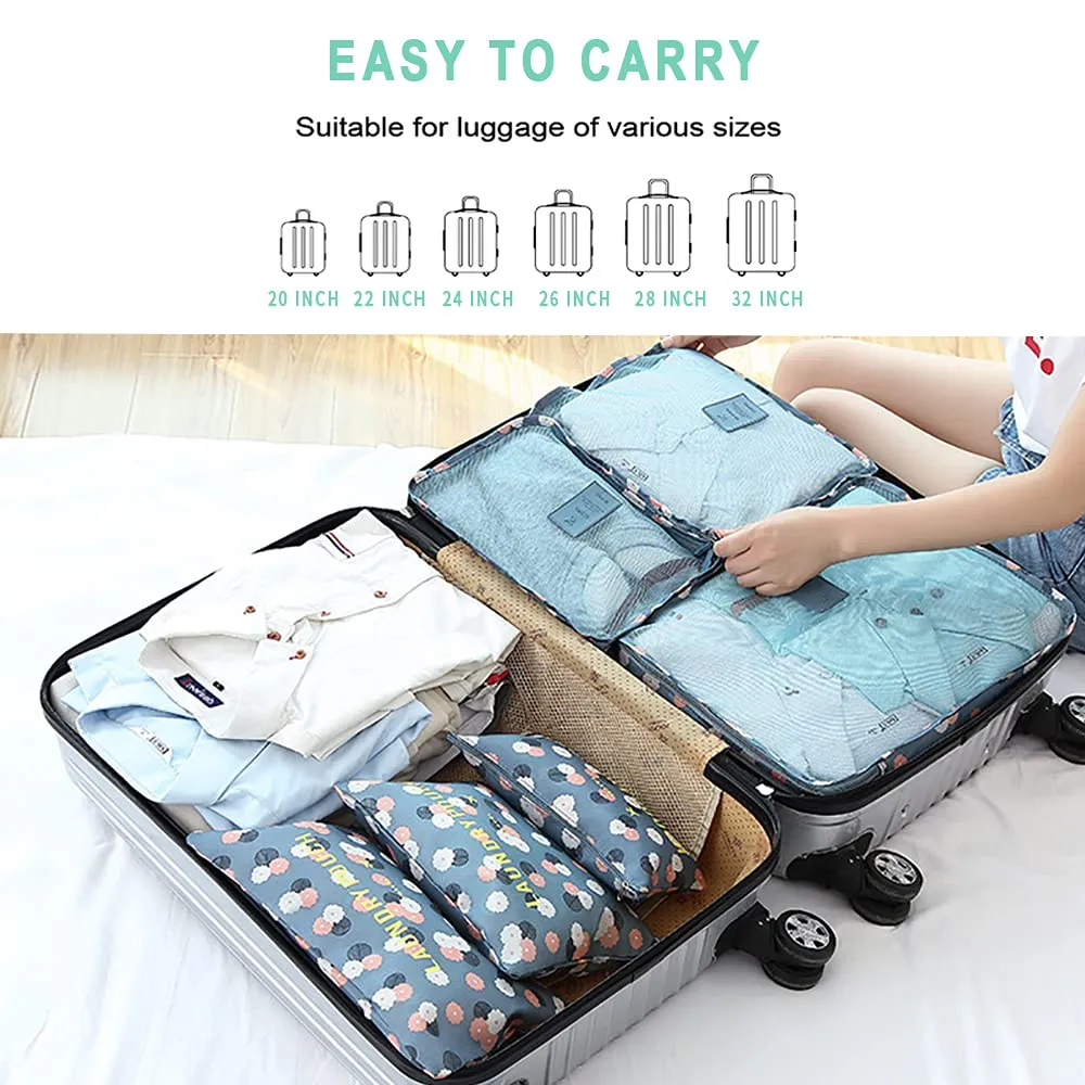 7 SetsPacking Cubes Value Set for Travel Luggage Organiser Bag Compression Pouches Clothes Suitcase (2Blue Flower) Blue Flower2