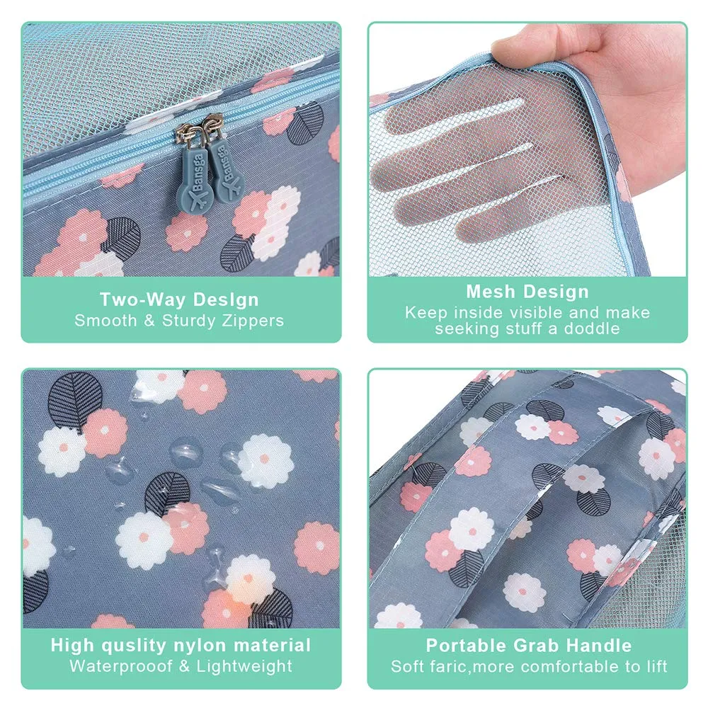 7 SetsPacking Cubes Value Set for Travel Luggage Organiser Bag Compression Pouches Clothes Suitcase (2Blue Flower) Blue Flower2