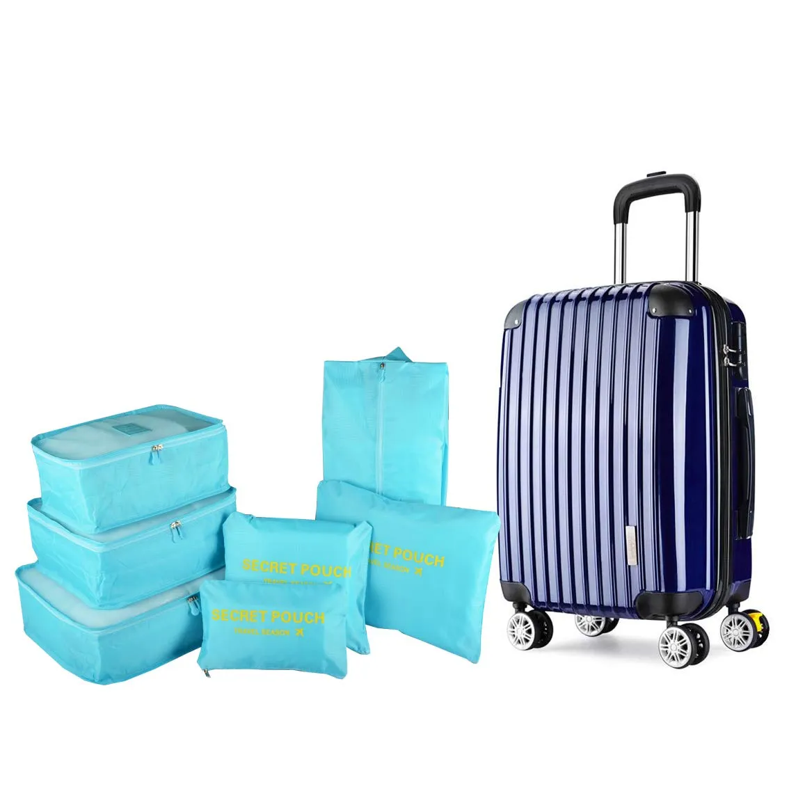 7PCS Travel Packing Cubes for Suitcases, TOYESS Waterproof Nylon Luggage Organiser Storage Bags Value Set for Backpack, Light Blue 7pcs-light Blue