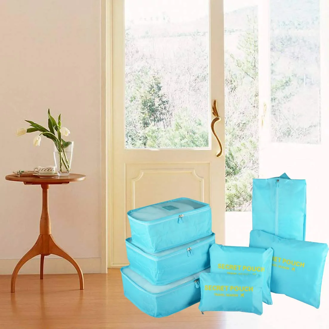 7PCS Travel Packing Cubes for Suitcases, TOYESS Waterproof Nylon Luggage Organiser Storage Bags Value Set for Backpack, Light Blue 7pcs-light Blue