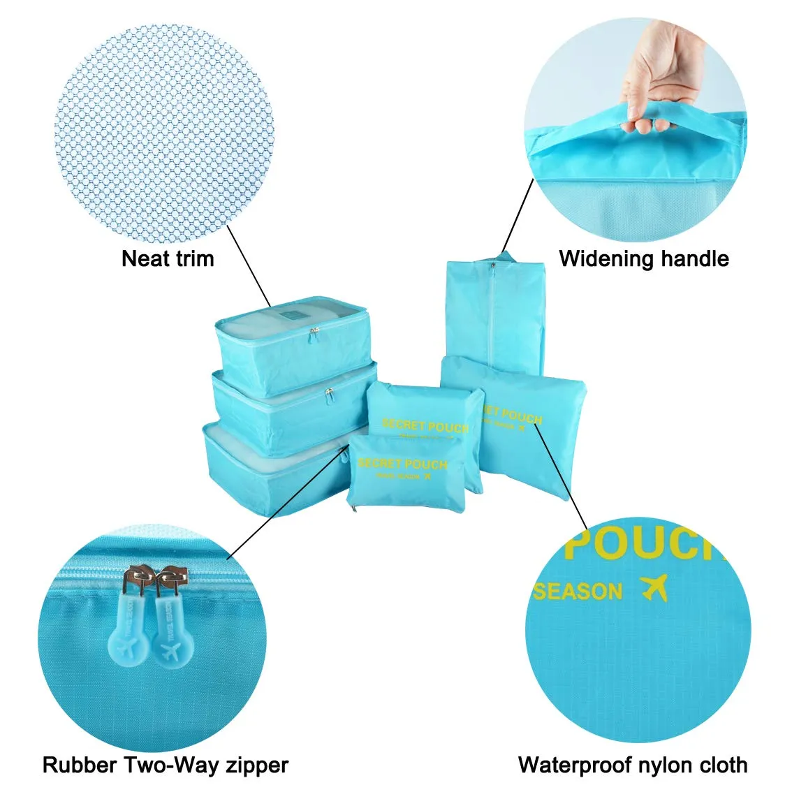 7PCS Travel Packing Cubes for Suitcases, TOYESS Waterproof Nylon Luggage Organiser Storage Bags Value Set for Backpack, Light Blue 7pcs-light Blue