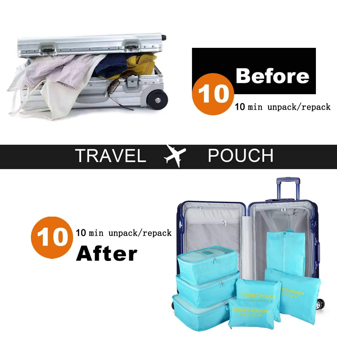 7PCS Travel Packing Cubes for Suitcases, TOYESS Waterproof Nylon Luggage Organiser Storage Bags Value Set for Backpack, Light Blue 7pcs-light Blue
