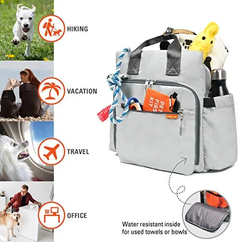 ARCA PET Travel Bag for Cat & Dog Backpack - Store All Dog Stuff & Puppy Supplies - Includes 1 Dog Travel Bag, 1 Large Dog Food Travel Container, 2 Collapsible Travel Dog Bowls (Grey)