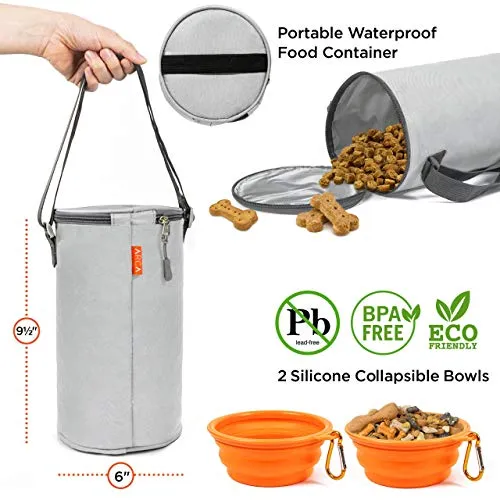 ARCA PET Travel Bag for Cat & Dog Backpack - Store All Dog Stuff & Puppy Supplies - Includes 1 Dog Travel Bag, 1 Large Dog Food Travel Container, 2 Collapsible Travel Dog Bowls (Grey)