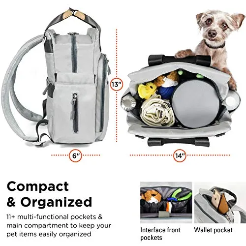 ARCA PET Travel Bag for Cat & Dog Backpack - Store All Dog Stuff & Puppy Supplies - Includes 1 Dog Travel Bag, 1 Large Dog Food Travel Container, 2 Collapsible Travel Dog Bowls (Grey)