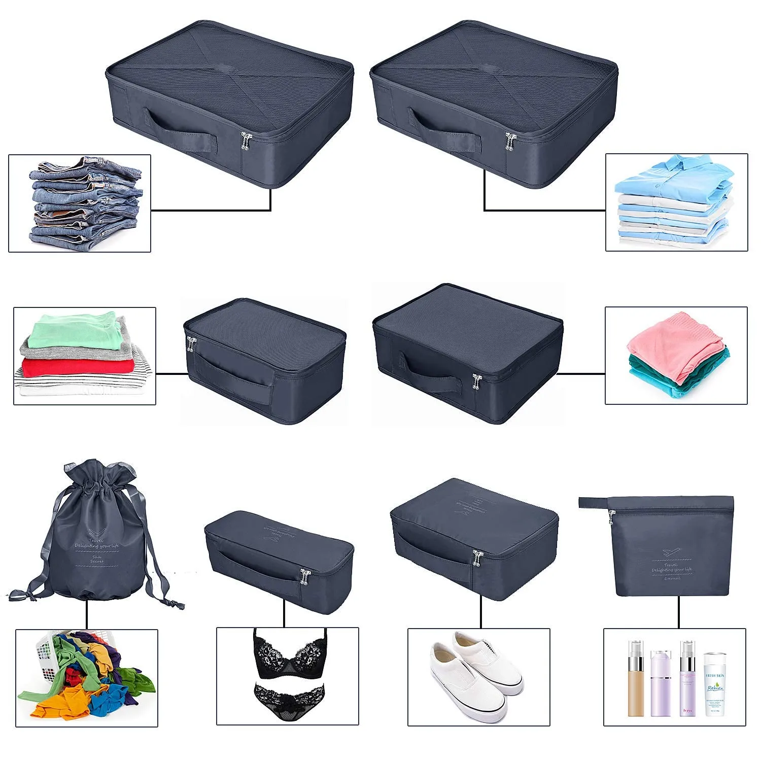 BETLLEMORY Packing Cubes 8 Sets Travel Luggage Organizers with Waterproof Shoe Storage Bag Compression Pouches(Navy Blue) Navy Blue