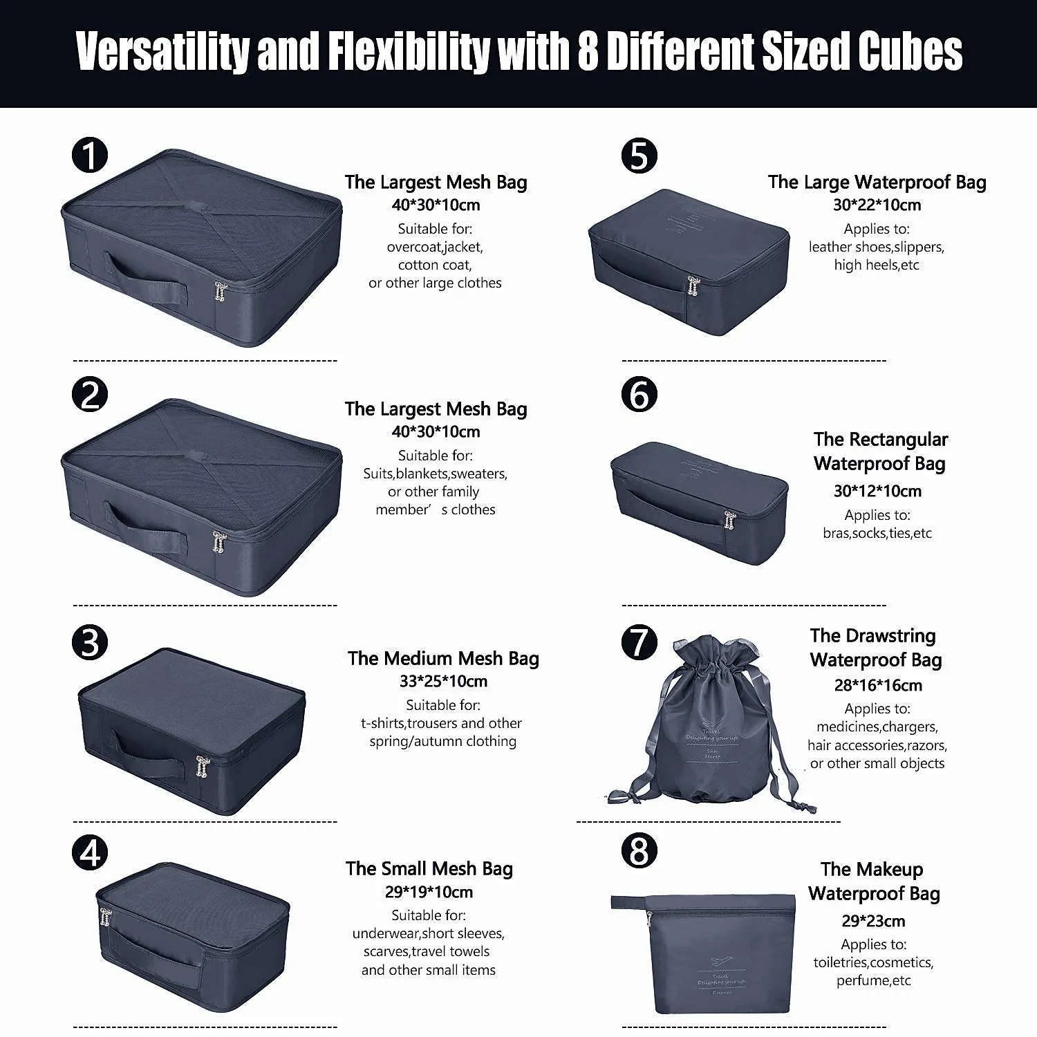 BETLLEMORY Packing Cubes 8 Sets Travel Luggage Organizers with Waterproof Shoe Storage Bag Compression Pouches(Navy Blue) Navy Blue