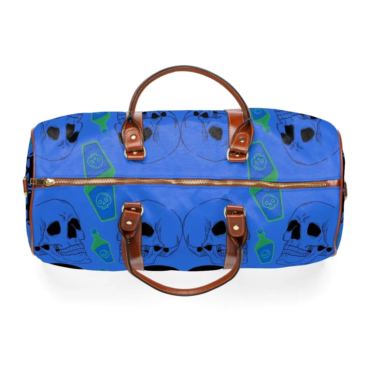 Black Skull Heads Waterproof Blue Travel Bag