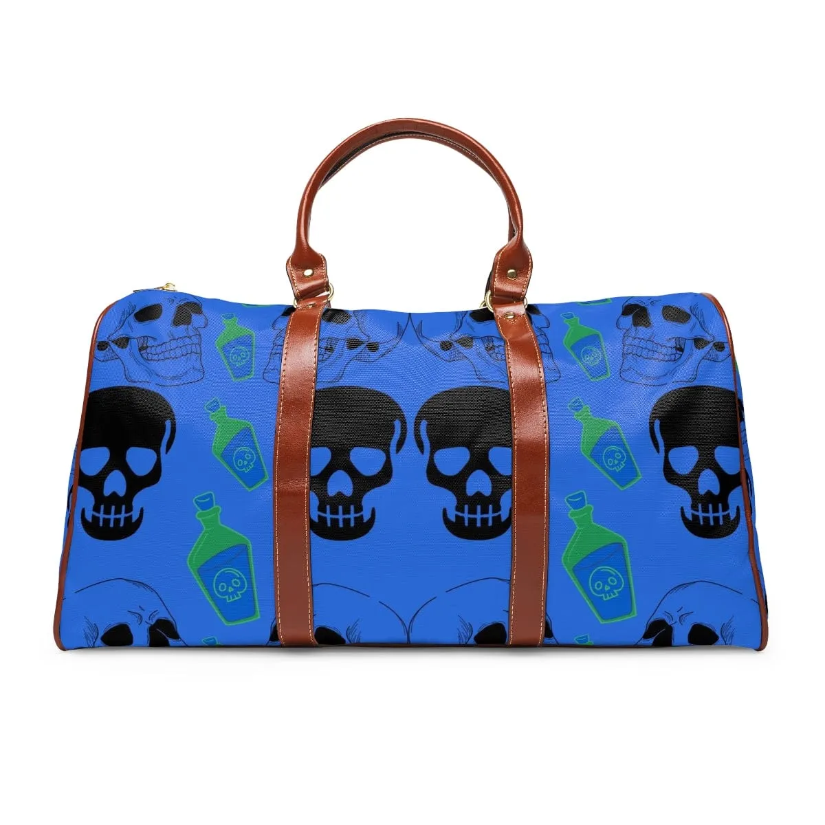 Black Skull Heads Waterproof Blue Travel Bag