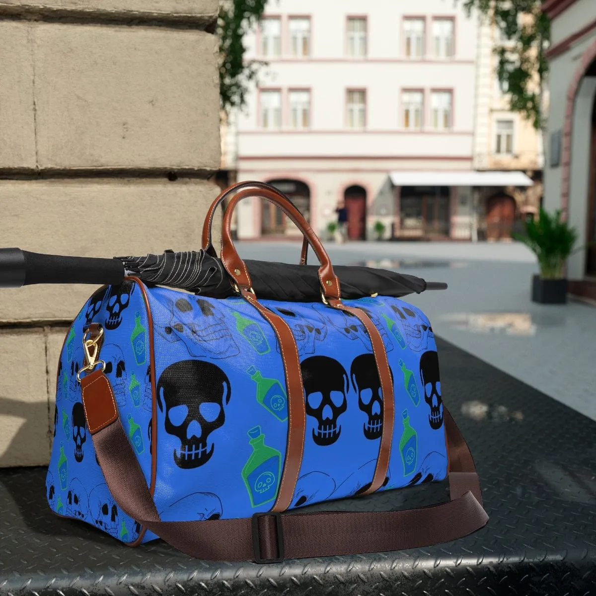 Black Skull Heads Waterproof Blue Travel Bag