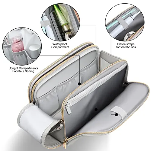BOOMRICH Travel Makeup Bag, Cosmetic Bag, Toiletry Bag for Women, Water-Resistant Leather Toiletry Organizer, Large Dopp Kit for Toiletries Accessories, Blue Grey