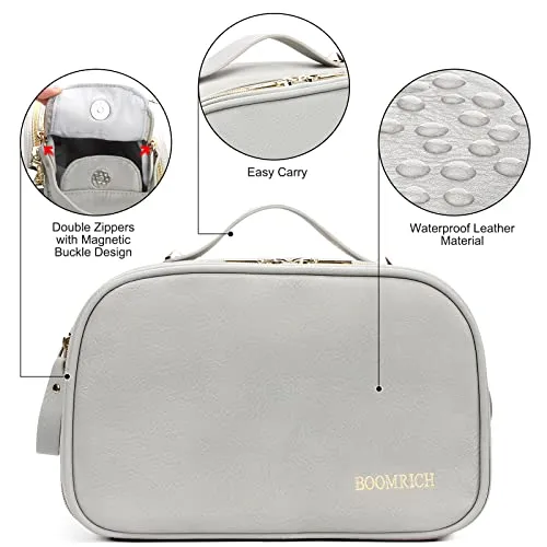 BOOMRICH Travel Makeup Bag, Cosmetic Bag, Toiletry Bag for Women, Water-Resistant Leather Toiletry Organizer, Large Dopp Kit for Toiletries Accessories, Blue Grey