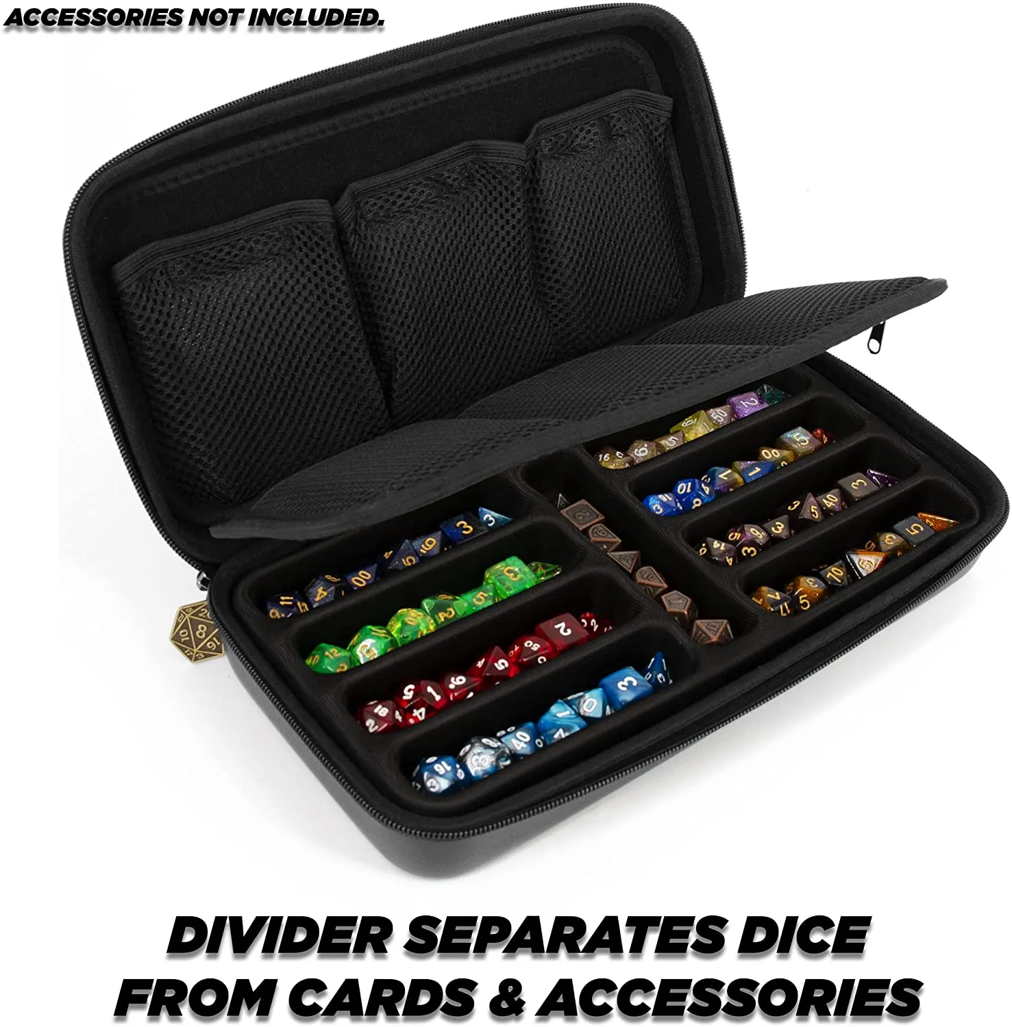 CASEMATIX Dice Box and Card Case for 9 Sets of RPG Dice, Spell Cards, Counters and Other Accessories - Dice Holder with Embossed Dragon Design