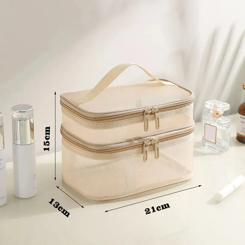 Grey Double Layer Mesh Cosmetic Bag for Women Travel Makeup Organizer Zipper Storage Box