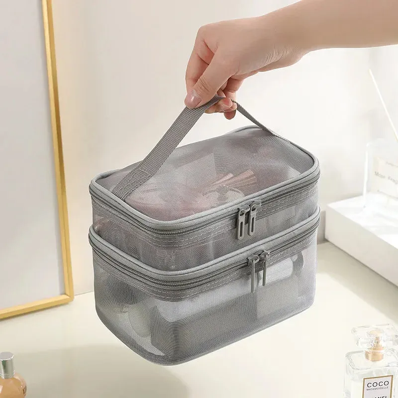 Grey Double Layer Mesh Cosmetic Bag for Women Travel Makeup Organizer Zipper Storage Box