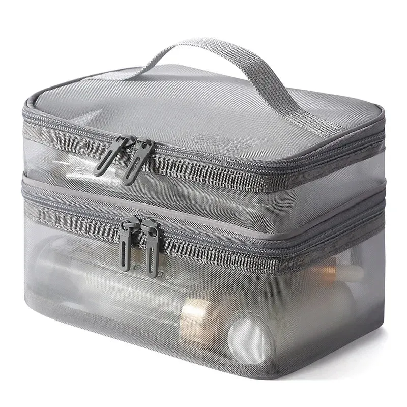 Grey Double Layer Mesh Cosmetic Bag for Women Travel Makeup Organizer Zipper Storage Box