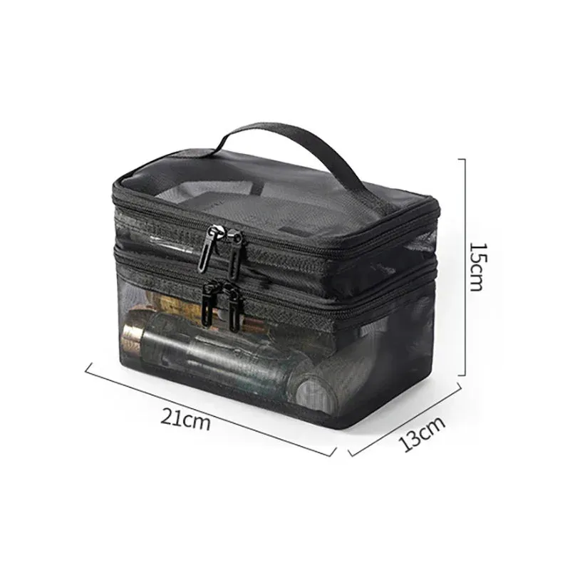 Grey Double Layer Mesh Cosmetic Bag for Women Travel Makeup Organizer Zipper Storage Box