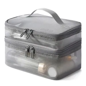 Grey Double Layer Mesh Cosmetic Bag for Women Travel Makeup Organizer Zipper Storage Box