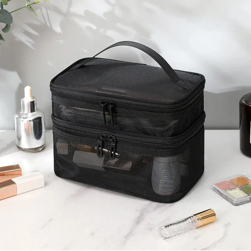 Grey Double Layer Mesh Cosmetic Bag for Women Travel Makeup Organizer Zipper Storage Box