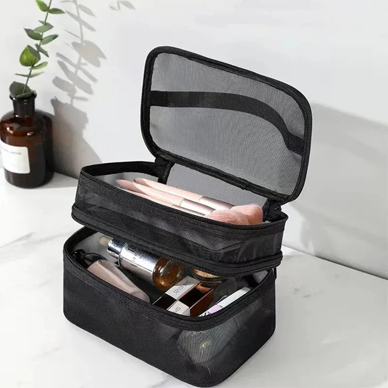 Grey Double Layer Mesh Cosmetic Bag for Women Travel Makeup Organizer Zipper Storage Box
