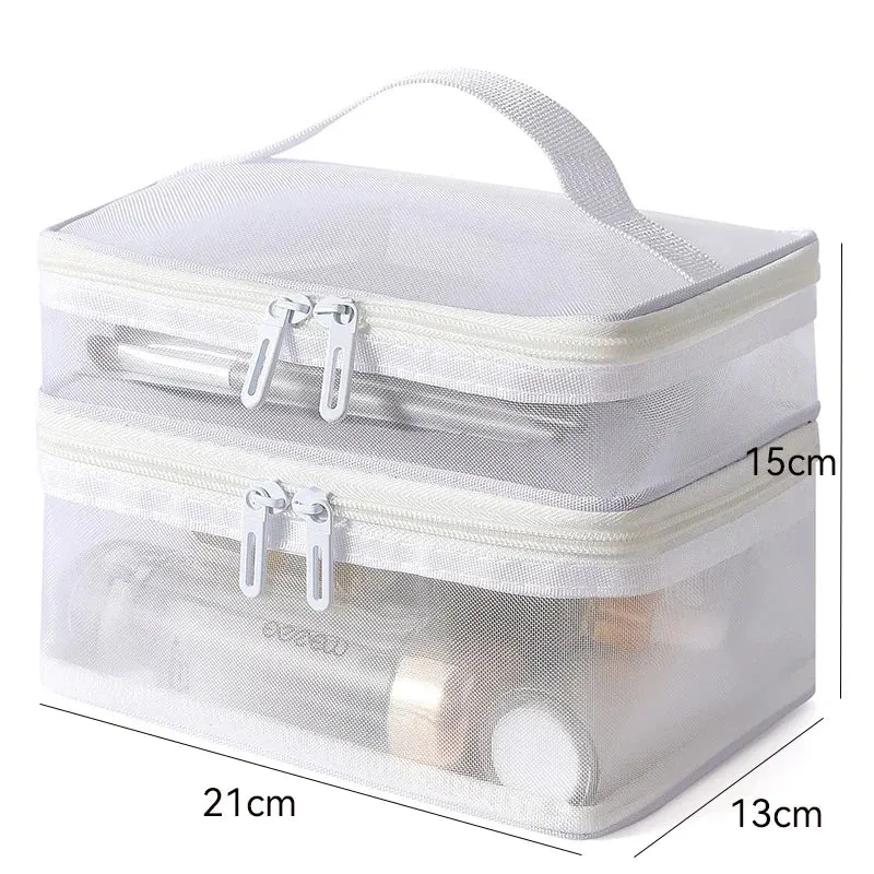 Grey Double Layer Mesh Cosmetic Bag for Women Travel Makeup Organizer Zipper Storage Box