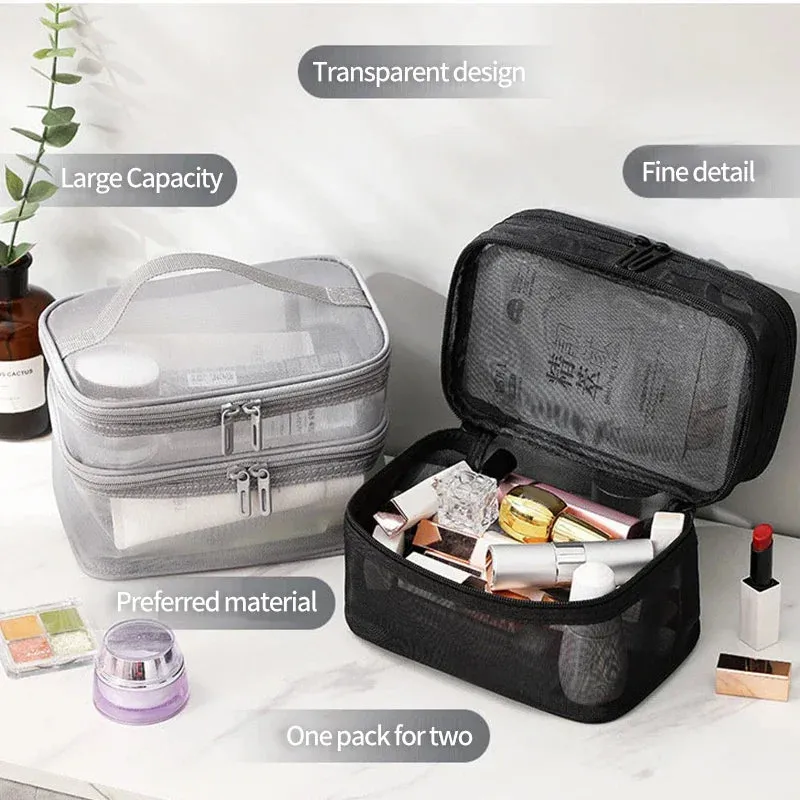 Grey Double Layer Mesh Cosmetic Bag for Women Travel Makeup Organizer Zipper Storage Box