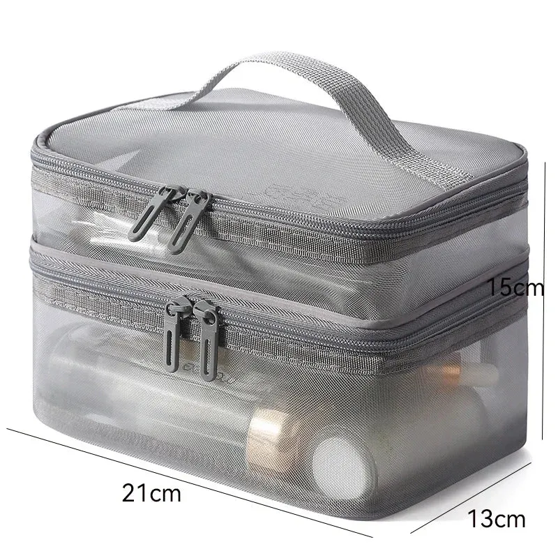 Grey Double Layer Mesh Cosmetic Bag for Women Travel Makeup Organizer Zipper Storage Box