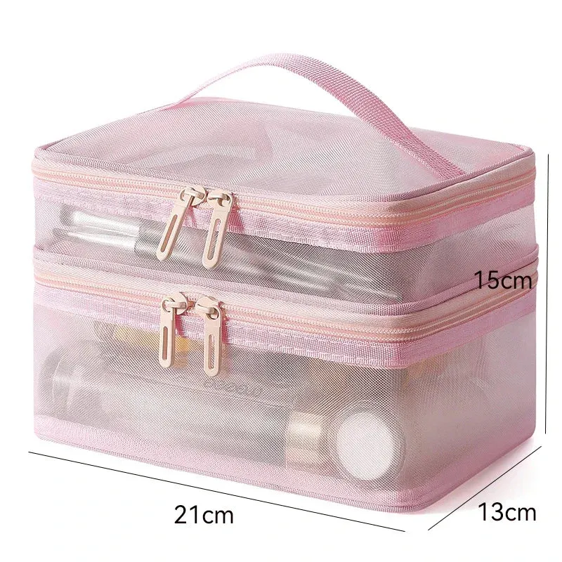 Grey Double Layer Mesh Cosmetic Bag for Women Travel Makeup Organizer Zipper Storage Box