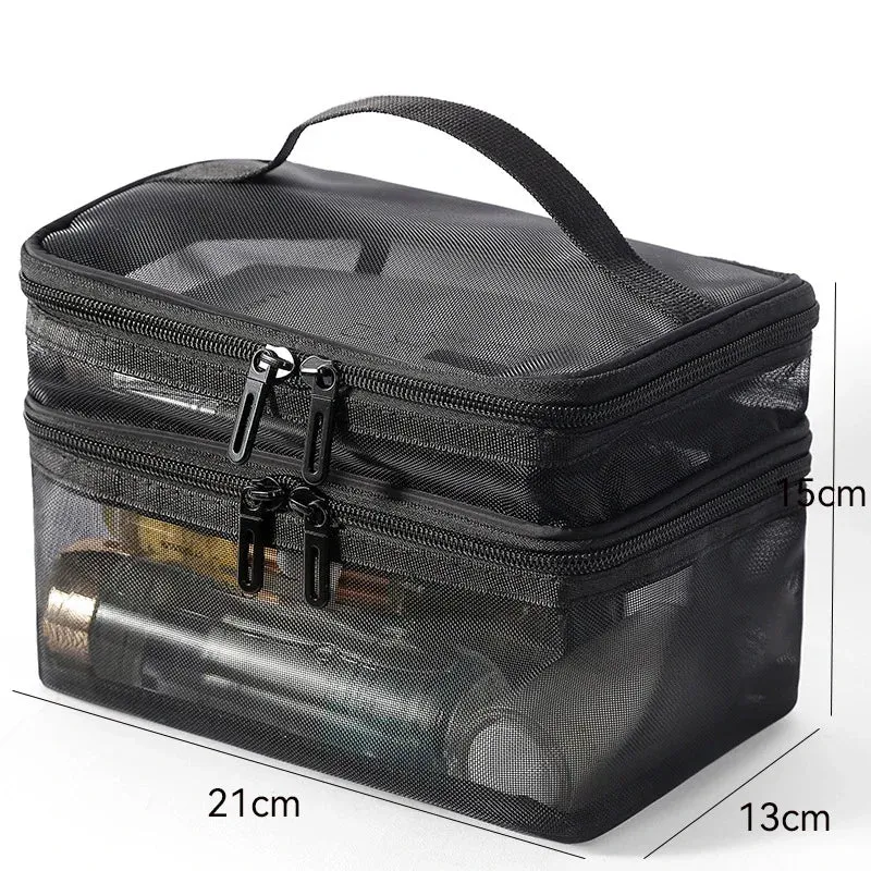 Grey Double Layer Mesh Cosmetic Bag for Women Travel Makeup Organizer Zipper Storage Box