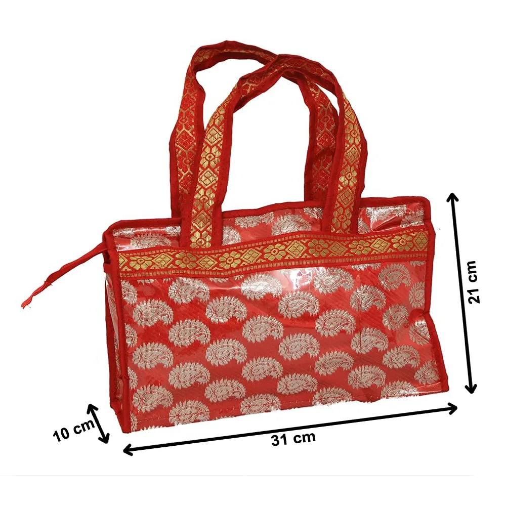 Heart Home Carry Design Laminated Handbag, Pooja Bag, Cosmetic Bag, Shopping Bag, Travel Toiletry Bag For Women (Red)-HS_38_HEARTH21253