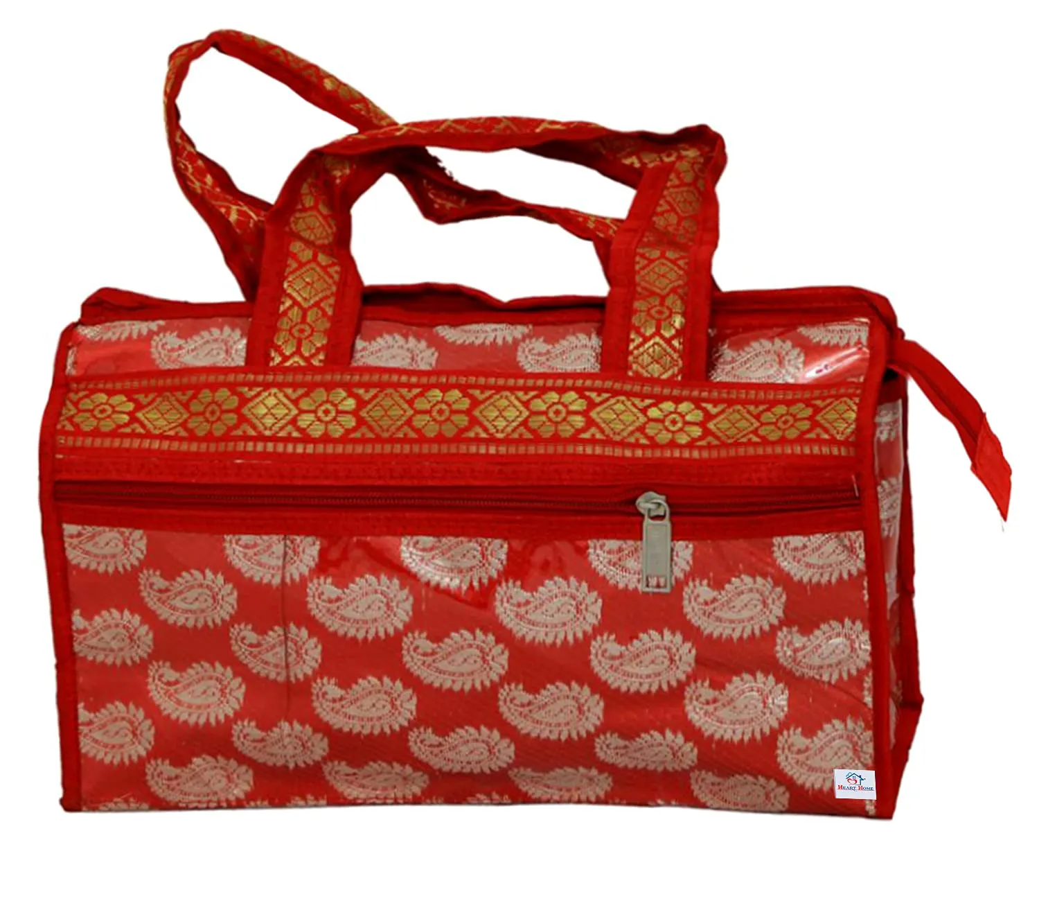 Heart Home Carry Design Laminated Handbag, Pooja Bag, Cosmetic Bag, Shopping Bag, Travel Toiletry Bag For Women (Red)-HS_38_HEARTH21253