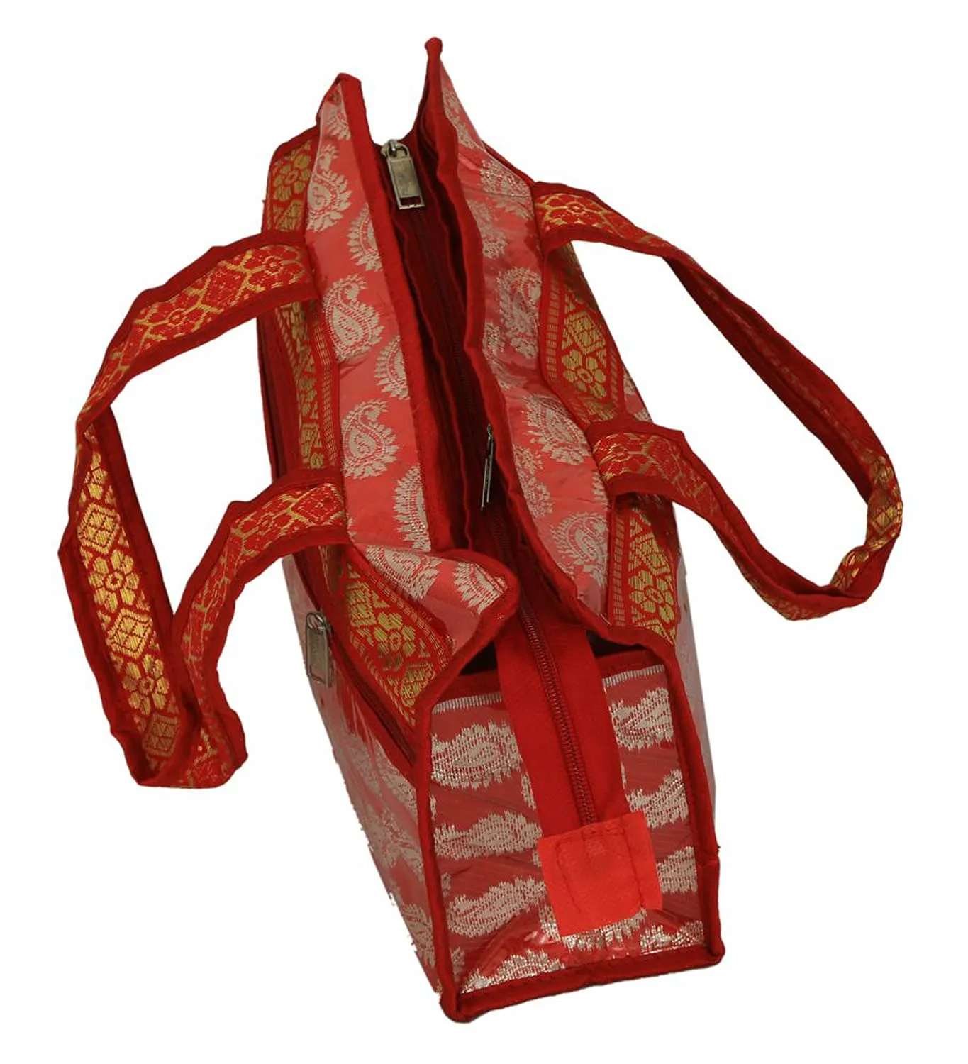 Heart Home Carry Design Laminated Handbag, Pooja Bag, Cosmetic Bag, Shopping Bag, Travel Toiletry Bag For Women (Red)-HS_38_HEARTH21253