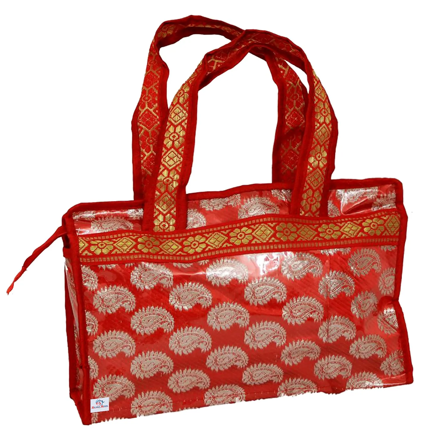 Heart Home Carry Design Laminated Handbag, Pooja Bag, Cosmetic Bag, Shopping Bag, Travel Toiletry Bag For Women (Red)-HS_38_HEARTH21253
