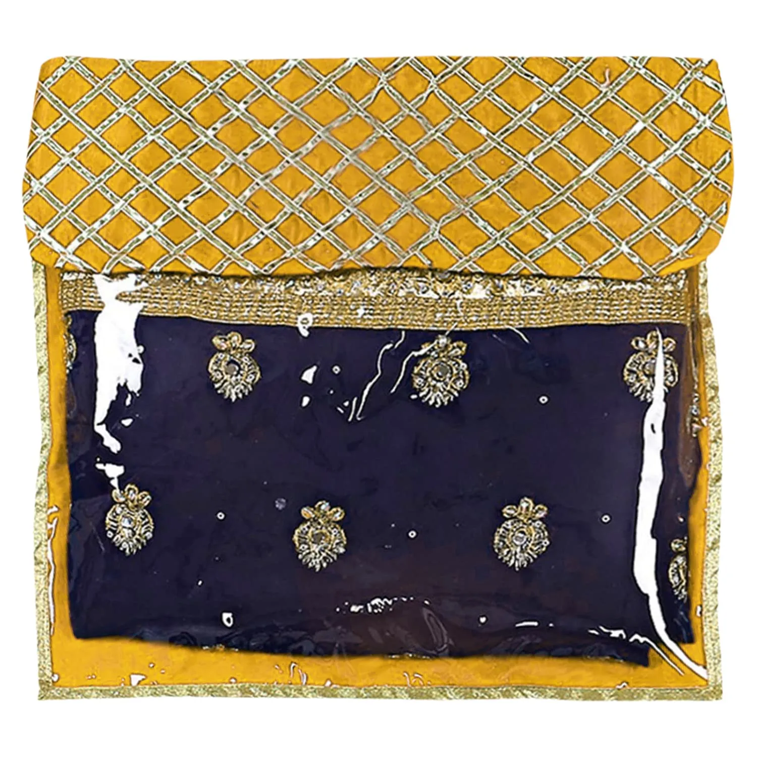 Heart Home Seamless lattice Design Satin Foldable, Lightweigth Single Saree Cover/Organiser For Wardrobe With Transparent Top- Pack of 4 (Yellow)-50HH01333
