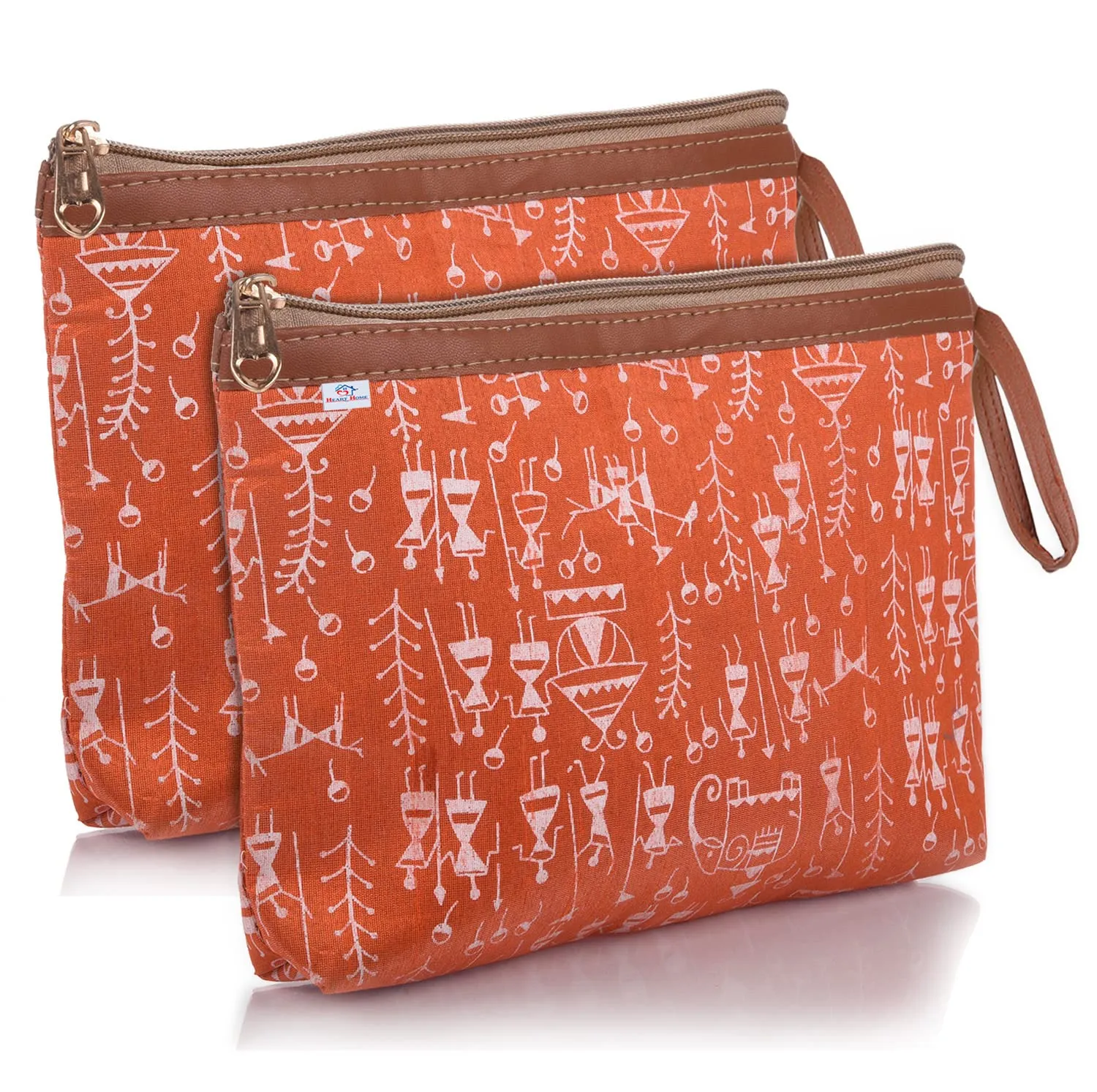 Heart Home Toiletry Pouch|Warli Print Travel Cosmetic Pouch|Canvas Waterproof Makeup Pouch with Handle|Pack of 2 (Orange)
