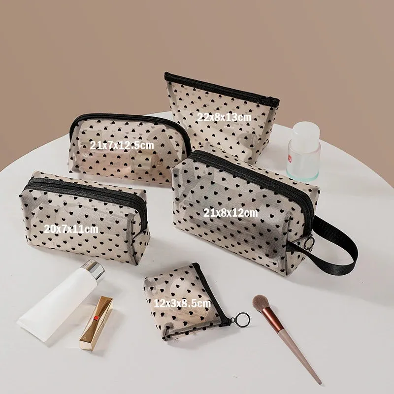 Heart Transparent Mesh Makeup Bag Portable Cosmetic Pouch