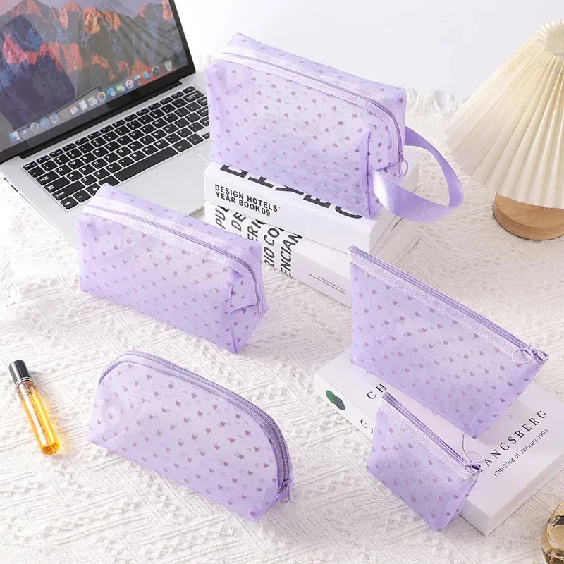 Heart Transparent Mesh Makeup Bag Portable Cosmetic Pouch