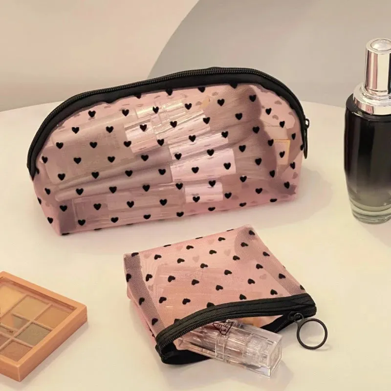 Heart Transparent Mesh Makeup Bag Portable Cosmetic Pouch