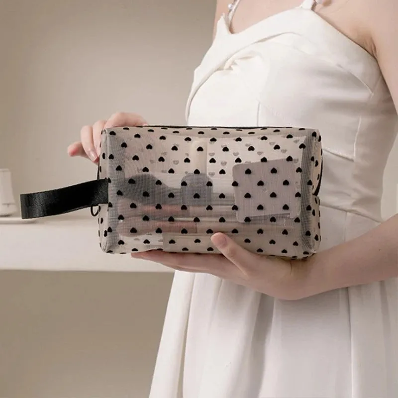 Heart Transparent Mesh Makeup Bag Portable Cosmetic Pouch