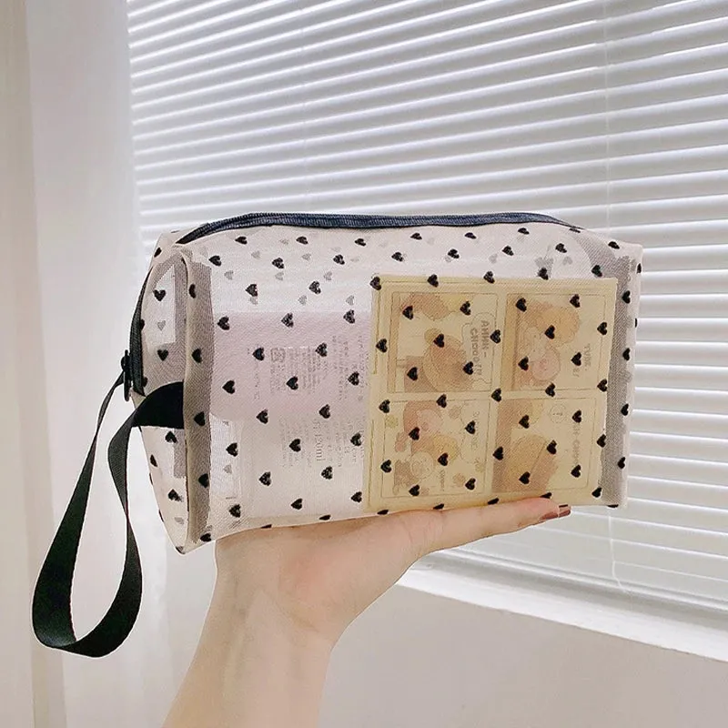Heart Transparent Mesh Makeup Bag Portable Cosmetic Pouch