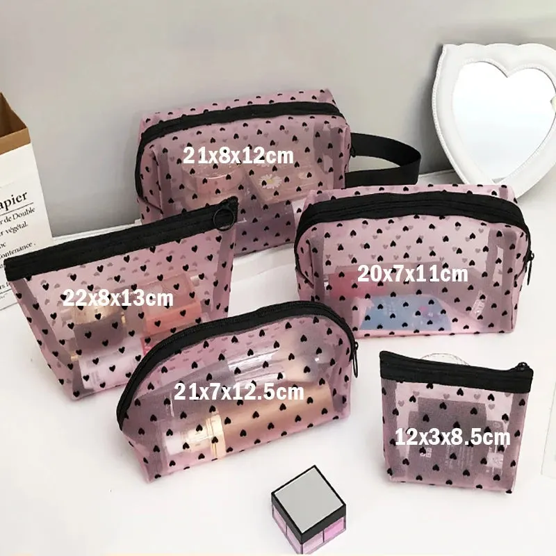 Heart Transparent Mesh Makeup Bag Portable Cosmetic Pouch