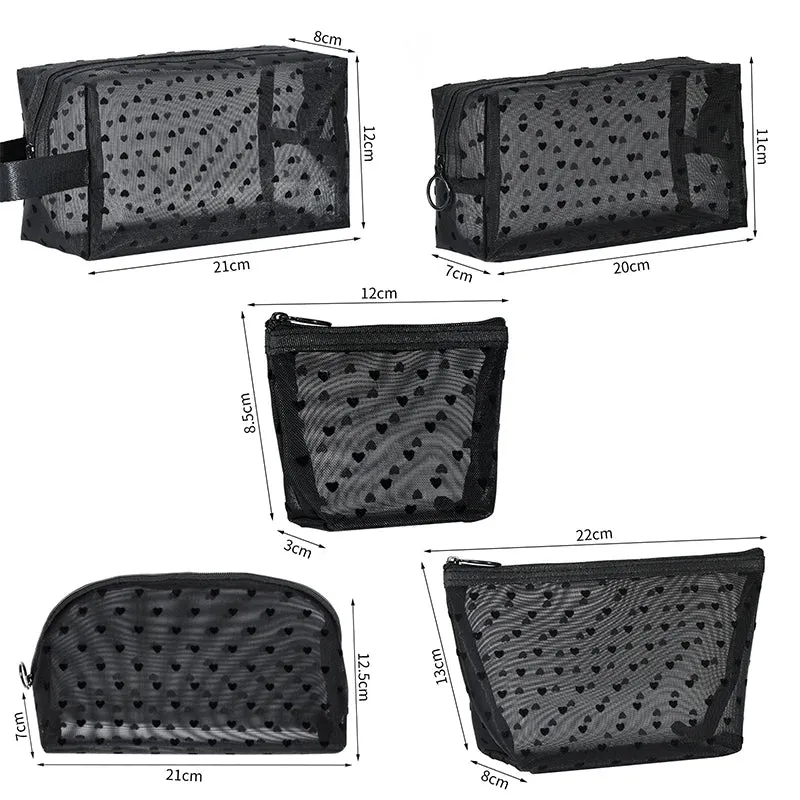 Heart Transparent Mesh Makeup Bag Portable Cosmetic Pouch