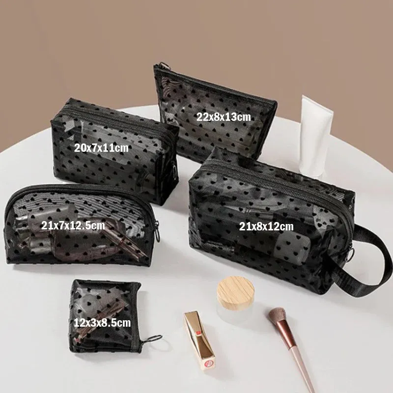 Heart Transparent Mesh Makeup Bag Portable Cosmetic Pouch