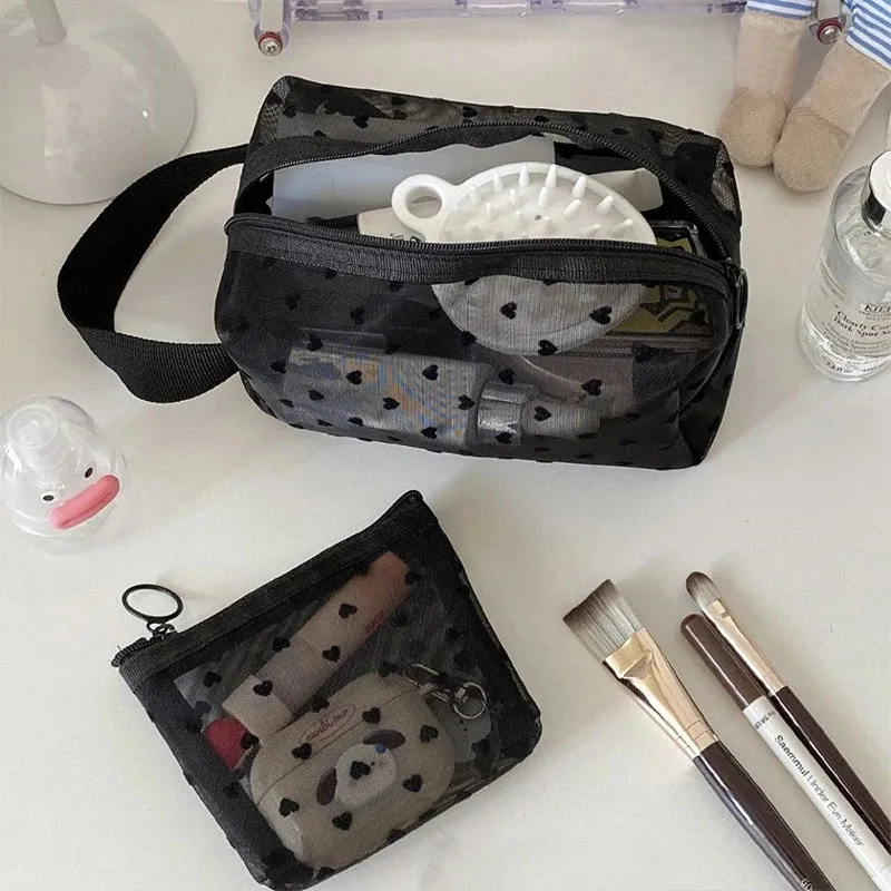 Heart Transparent Mesh Makeup Bag Portable Cosmetic Pouch