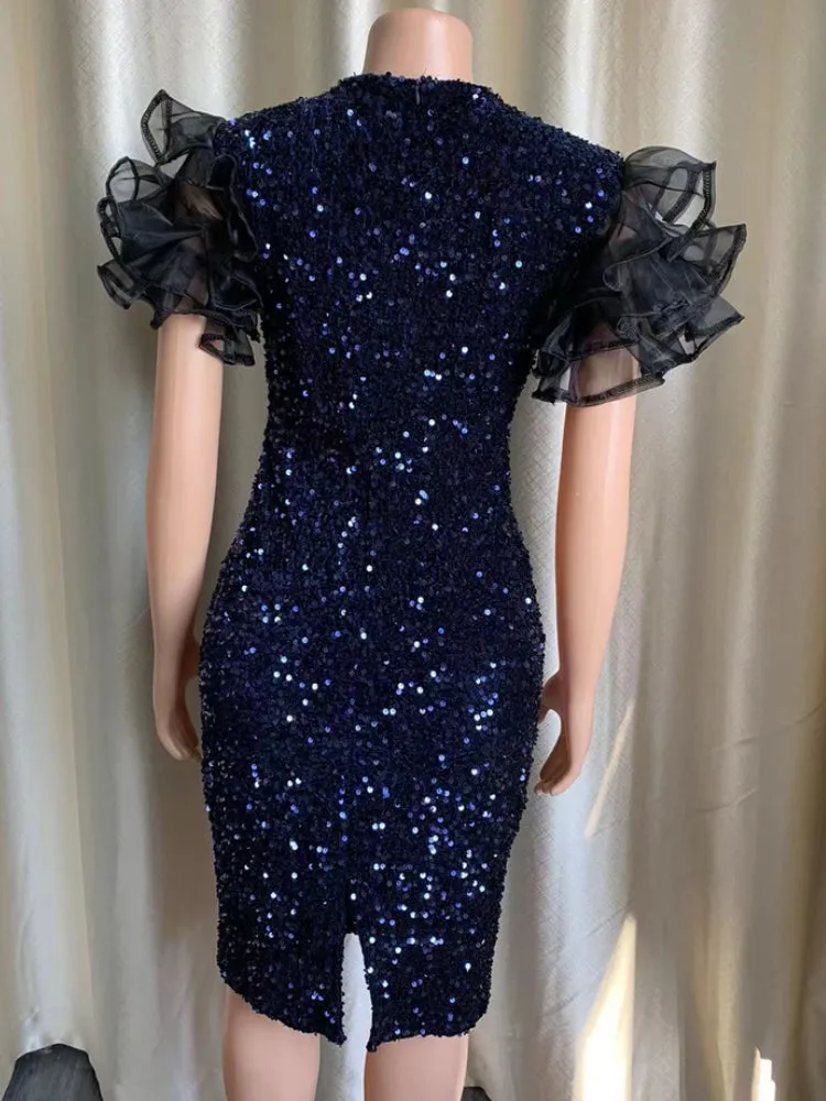 High-end Shiny Velvet Sequins Tulle V Neck Butterfly Sleeves Splice Gown