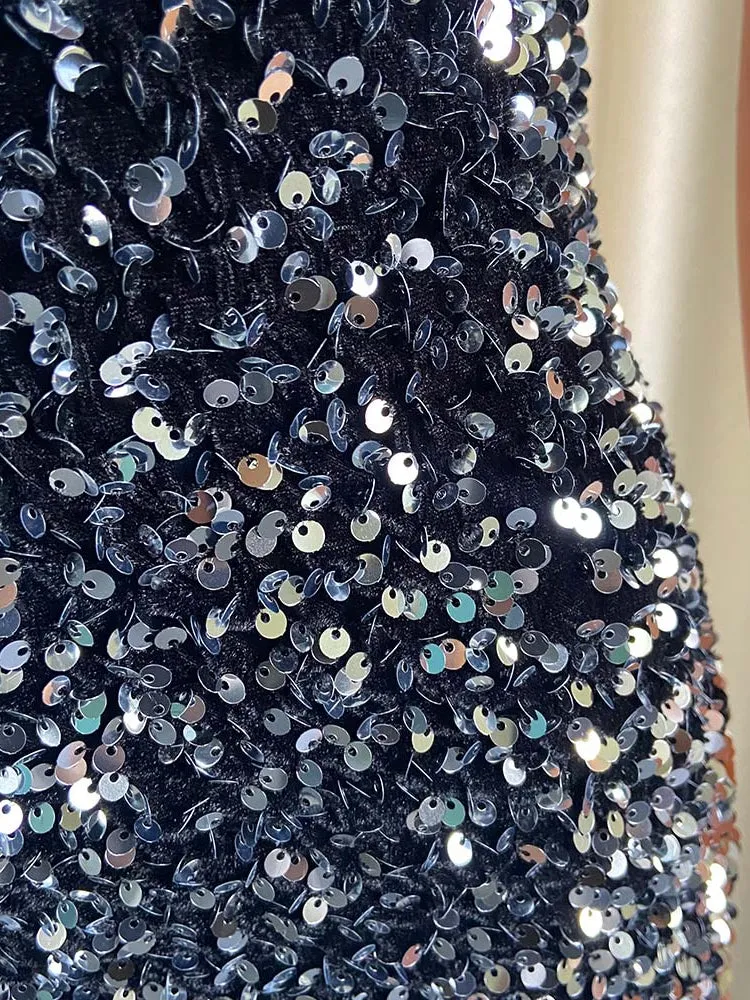 High-end Shiny Velvet Sequins Tulle V Neck Butterfly Sleeves Splice Gown
