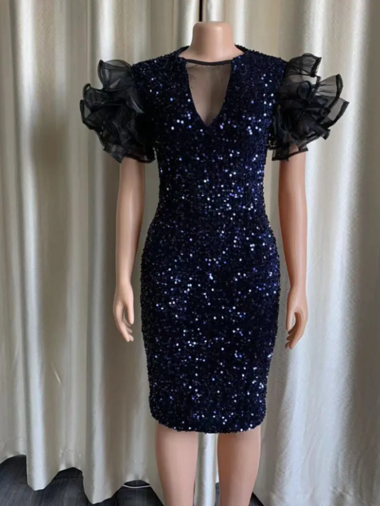 High-end Shiny Velvet Sequins Tulle V Neck Butterfly Sleeves Splice Gown